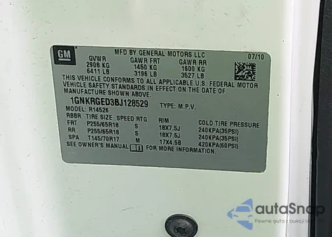 2011 Chevrolet Traverse 1Lt из США, поврежденный, VIN 1GNKRGED3BJ128529